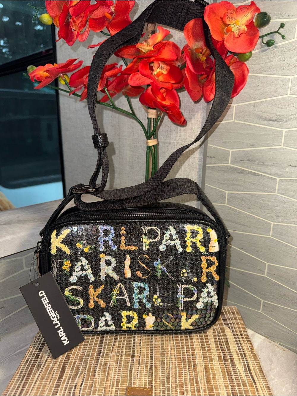 Karl Lagerfeld $248 Black with Sequins Crossbody Bag with Multicolor Lettering